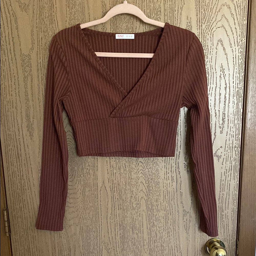 ROMWE Brown Ribbed Wrap Crop Blouse